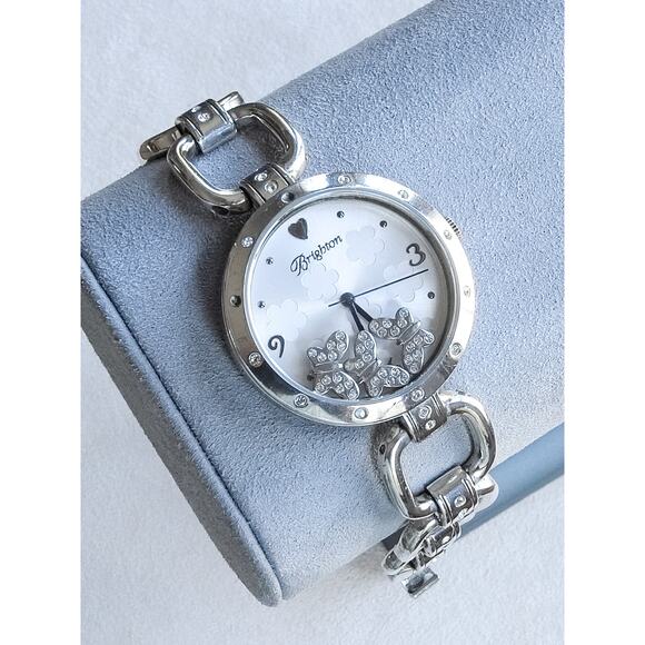 Brighton Varna Watch Silver Plated Butterfly Floating Rhinestone Retired 7.5" - Picture 2 of 9